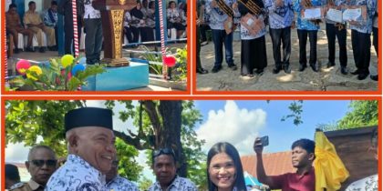 BERI SAMBUTAN -- BUPATI Lembata, Petrus Kanisius Tuaq saat memberikan sambutan HUT Guru dan HUT ke-80 PGRI di Halaman SMPK Santu Pius X Lewoleba, Selasa, 25 November 2025.