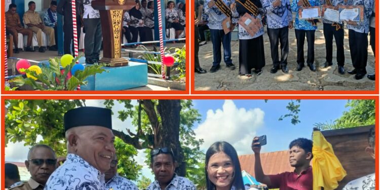 BERI SAMBUTAN -- BUPATI Lembata, Petrus Kanisius Tuaq saat memberikan sambutan HUT Guru dan HUT ke-80 PGRI di Halaman SMPK Santu Pius X Lewoleba, Selasa, 25 November 2025.